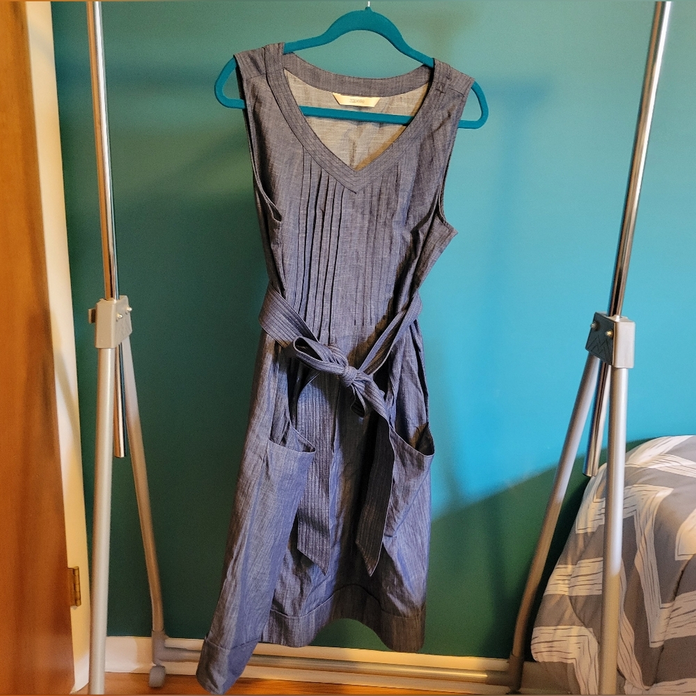 Pintuck pleat cotton chambray shift dress